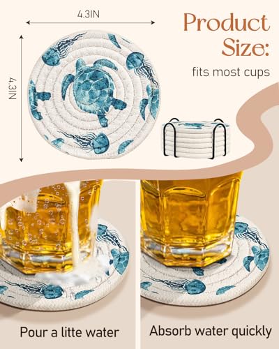 Cup Coasters for Drinks Absorbent - for Coffee Wooden Table Office Cute Farmhouse Cool Outdoor Desk Kawaii Woven Unique Ocean Beach Women Kids Soft Cloth Braided Fabric Coaster with Holder - color: C-ocean Beach