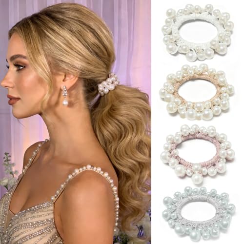 Pearl Hair Tie for Women Hair Accessories Wedding Beaded Ponytail Holder Elegant Elastic Hair Bands Cute Hair Ties Decoration (4 Pack)