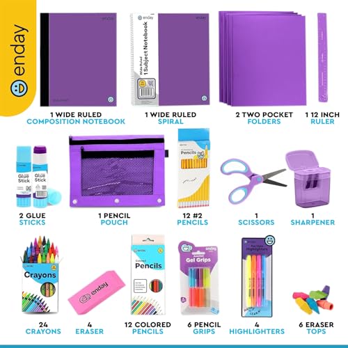 Back to School Supplies for Kids, Purple School Supply Box Grades K-5, Premium Quality Kids School Supplies Kit, Kindergarten School Supplies for Girls and Boys, 71 Piece Set - by Enday - color: Purple, size: 1 Kit