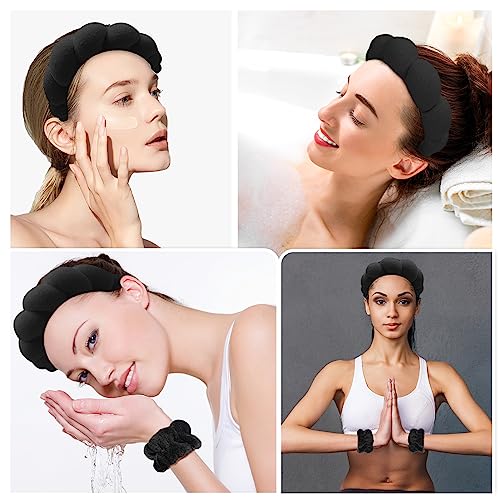 Zkptops Spa Headbands for Women Face Washing Wristband Sponge Makeup,Black - color: Black