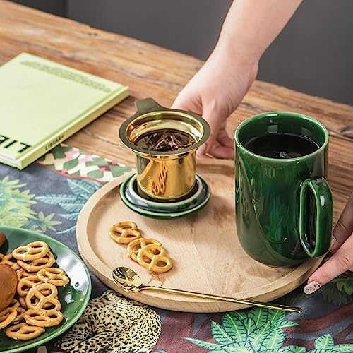 vicrays Ceramic Tea Mug Infuser - Large Cup 16 oz Hot Loose Steeping Handle Teacup with Leaf Infuser Spoon Lid - Tall Glazed Strainer Coffee Mug Microwave Safe - Green - color: Green