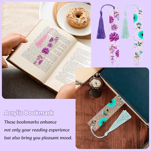 2 Pieces Dried Flower Acrylic Bookmarks, Transparent Floral Book Page Holder with Tassels, Cute Bookmark Clear Acrylic Tassels Book Marks Cute Book Accessories Gift for Reading Lover(2 Colors) - color: Deep Purple, Aqua Blue