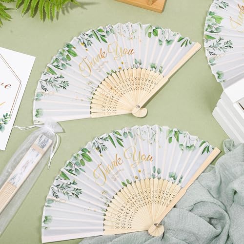 Aneco 30 Sets Green Leaves Wedding Folding Fans, Bamboo Handheld Folding Fans with Organza Bags Table Sign, Thank You Vintage Silk Handheld Fan for Bridal Shower Wedding Party Decorations - color: Green Leaves