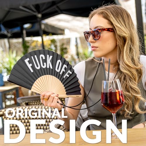 Fisura – Original Folding Fan with Bold Message “F*ck Off”. Wooden Handheld Fan for Women. Lightweight Accessory for Raves, Weddings, Festivals, Parties, Birthdays and Unique Gift Ideas. - color: Off, Black