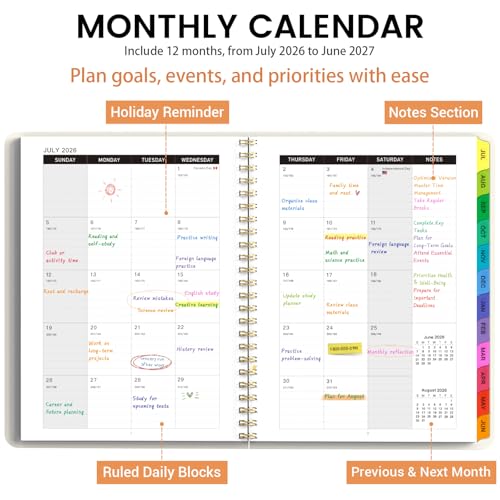 Academic Planner 2026–2027, Weekly & Monthly Calendar Planner, July 2026 – July 2027, Hardcover A5 (6.3" x 8.5") Agenda with Tabs, School Planner for Students & Teachers, Smiley Face - color: Smiley Face, size: A5
