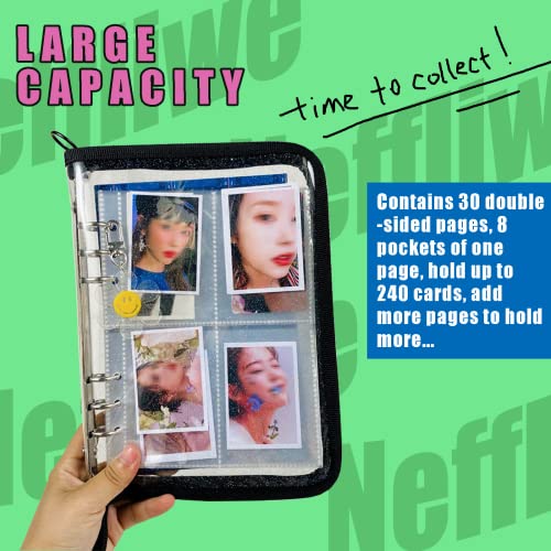 4-Pocket K-pop Photocard Holder Book with 30Pcs Inner Pages 6 Ring A5 Photocard Binder Card Collect Book Hold Up to 240 Cards (Black) - color: Black