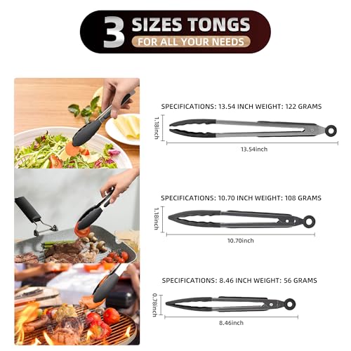 Stainless Steel Kitchen Tongs Set, 3 Pack with Silicone Tips - size: Pack of 3 Black (7", 9" & 12")