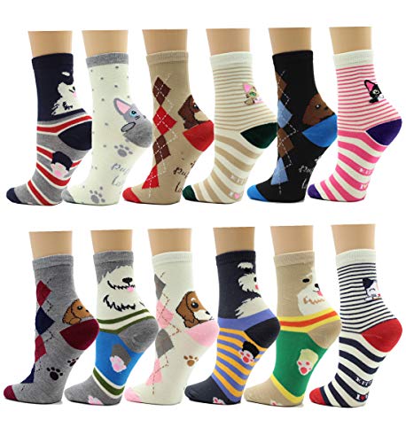 Frenchic 12/24/48 Pairs Pack Women's Colorful Patterned Cute Funny Casual Fashion Crew Socks - color: Cats & Dogs