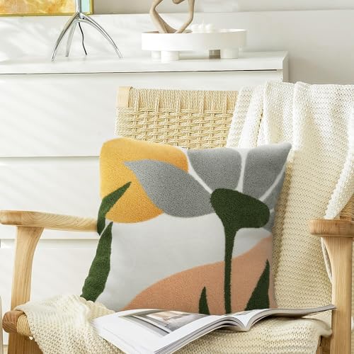 Merrycolor Boho Decorative Throw Pillow Covers Abstract Tufted Mid Century Modern Throw Pillows Leaf Sun Aesthetic Textured Pillow Cover Green Throw Pillows Cover for Bed Couch,Flower 18x18 Inch - color: Style I, size: 18" x 18" (Pack of 1)