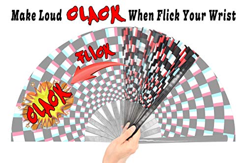OMyTea Large Rave Clack Folding Hand Fan for Men/Women - Chinese Japanese Bamboo Handheld Fan - for EDM, Music Festival, Club, Event, Party, Dance, Performance, Decoration, Gift (Illusion Checkered) - color: Illusion Checkered