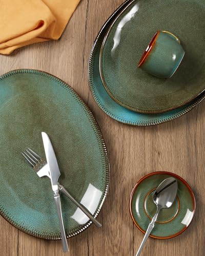 Pokini Stoneware Serving Platters, Oval 13.18/11.92 inch Serving Dishes for Entertaining, Ceramic Serving Trays for Party, Fruit, Turkey, Cheese, Trays for Serving Food, Microwave Safe, Brown Green