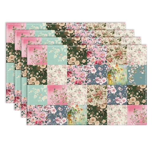 Boho Floral Placemats Set of 4, 12x18 Inch Vintage Colorful Patchwork Retro Flower Plaid Spring Farmhouse Holiday Coffee Table Mats for Party Kitchen Dining Decoration - color: Pm-patchwork02, size: 4pcs