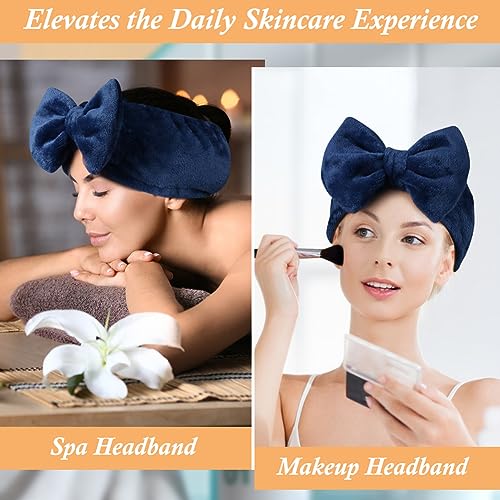 Shintop Soft Face Wash Headband with Cute Bow for Makeup Spa（Navy blue） - color: Navy blue
