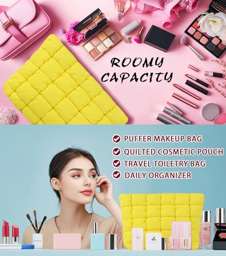 Puffy Quilted Makeup Bag, Cosmetic Bag, Travel Toiletry Organizer Pouch, Clutch for Women (Yellow) - color: Yellow