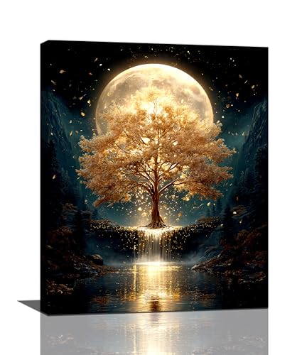Golden Tree Wall Art Fantasy Tree with Moon and Waterfall Canvas Wall Decor Pictures Paintings Prints Mystical Nature Artwork Framed De corations For Meditation Space Bathroom Bedroom Living Room Office Gifts 16" x 20" - color: Golden Tree, size: 20"L x 1