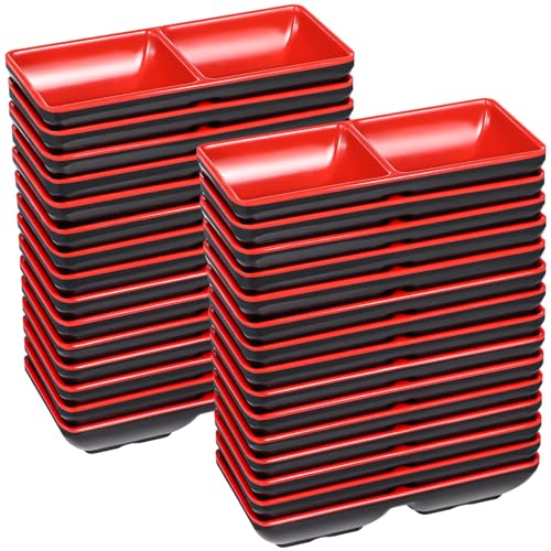 30 Pack Black & Red Divided Serving Dishes - Dual Compartment Melamine Appetizer Plates for Sushi, Condiments & Party Snacks, Restaurant-Grade Dip Bowls Set