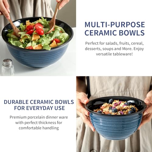 HASENSE Mixing Bowls, Ceramic Serving Bowls Set for Cooking, Baking, Prepping, Large Nesting Bowls for Salads, Fruit, Popcorn, 2.1/1.5/1.0 Qt, Dishwasher & Microwave Safe, Blue - color: Blue, size: 40+65+84 Ounce