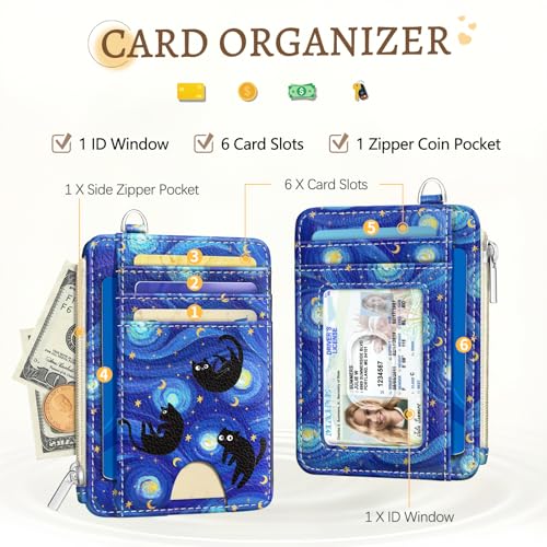 Kelvoris Credit Card Holder Small Wallet Women, Slim RFID, Blue Black Cat - color: Black Cat Star Night