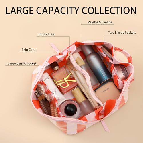 DYSHAYEN Travel Makeup Bag, Pink and Orange Striped - color: Pink-Orange