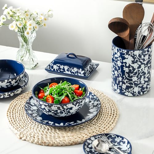 Large Soup Bowls Set of 2, Blue and White bowls Japanese Cereal Bowls 42 oz, Ceramic Serving Dishes for Rice, Salad, Snack, Pho, Pasta, Fruit, Microwave Dishwasher Safe, 7 inch - color: blue 1