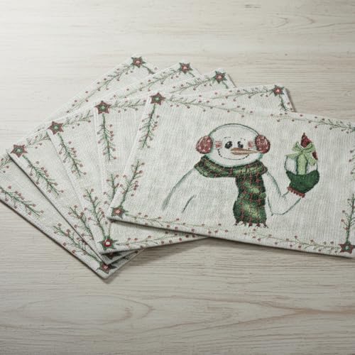 DaDa Bedding Magical Snowman Placemats - Set of 4 Festive Holiday White Tapestry - Cotton Linen Woven Dining Table Mats - 13” x 19” (9733) - color: Snowman