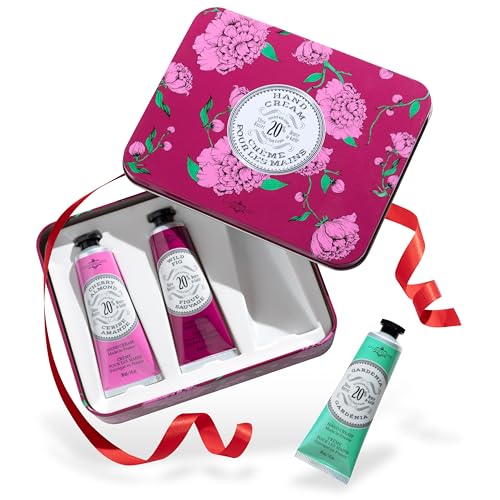La Chatelaine Hand Cream Gift Set for Women, Hand Lotion for dry cracked hands, Travel Size, Natural Hand Cream Made in France with Organic Shea Butter (Cherry Almond, Wild Fig, & Gardenia) 3 x 1 fl - style: Eggplant Trio