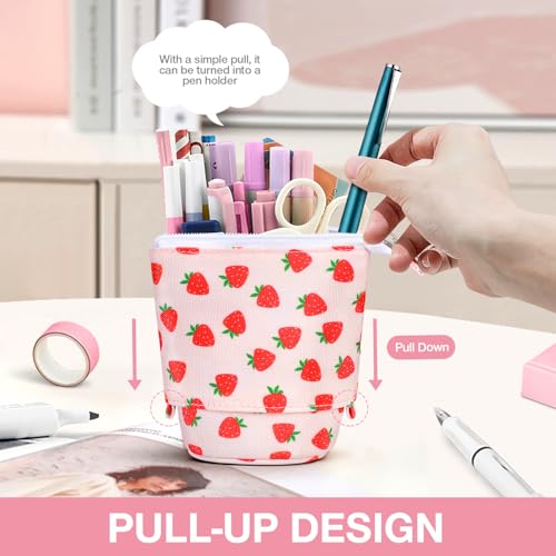 Cute Standing Pencil Case Pen Holder for Kids, Pop Up Stand UP Bubble Tea Pen Organizer Kawaii Stationary for Christmas Holiday New Year Office (Strawberry) - color: Strawberry