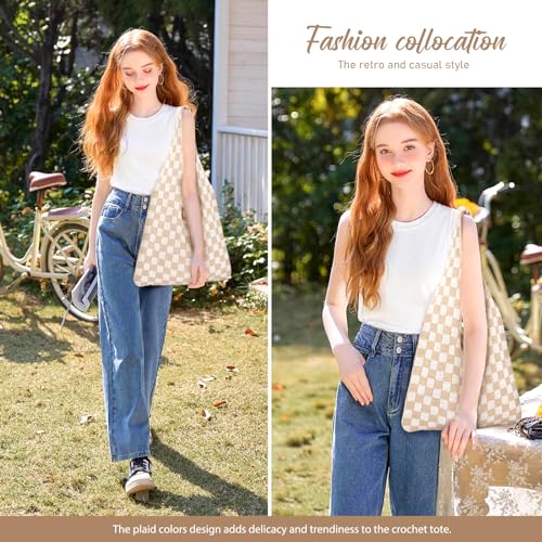 hatisan Crochet Bag for Women, Handmade Knit Beach Tote Bag Summer - color: Khaki Checkered-a