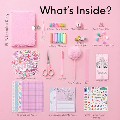 HAPPY LOLLI Pink LolliME DIY Journal Kit for Tween & Teen Girls Ages 8–14, Birthday Gift, 300+ Pieces Lockable Diary Set, Arts & Crafts, Scrapbook & Creative Journaling - color: Pink LolliME