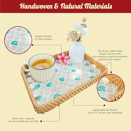 Rattan Rectangle Tray with Mother of Pearl Inlay – Unique Decorative Rattan Serving Tray for Coffee Table, Bathroom Vanity, Perfume & Nightstand – Ideals for Housewarming (Fin 11.8") - color: Fin 11.8"
