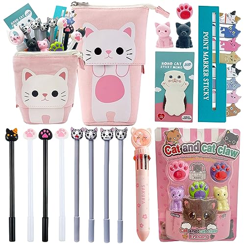 Pencil Case Set for Girls - Back to School Supplies, Pop Up Pencil Pouch with 8 Cat Pens, 10 Color Multicolor Pen, Sticky Notes, Stickers & Erasers, Kawaii Stationery Gift Set for Students (Pink Cat) - style: Cat Stationary