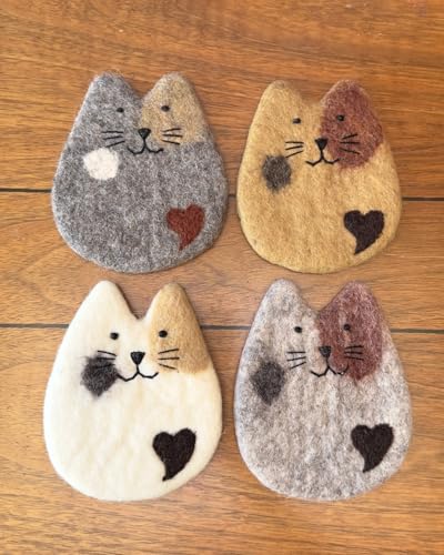 Humble Hilo Handmade Animal Felt Coaster Set of 4, Absorbent Coaster for Animal Lover (Cats) - color: Cats