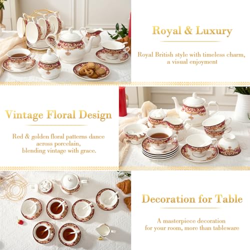 DUJUST 22 pcs Royal Vintage Porcelain Tea Set for 6, Luxury British Tea Sets for Adults with Red Patterns & Golden Trim, Beautiful Floral Tea/Coffee Cup Set, Gift Package - Royal Treat for You - color: British Vintage