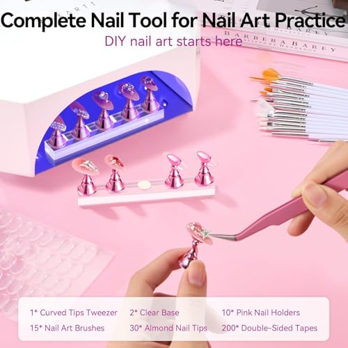 15PCS Nail Art Brush Set with 10 Nail Holders, 72PCS Nail Tips & 192PCS Adhesive Tabs, Pink Professional Nail Design Kit with Tweezers for Acrylic Gel Nail Art DIY Salon
