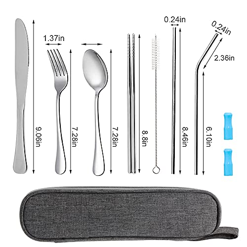 Travel Utensils Set with Case Reusable Portable Cutlery Set Stainless Steel 8pcs Including Dinner Knife Fork Spoon Chopsticks Straws(Silver) - color: Silver