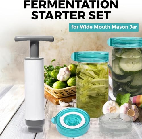 Fermentation Starter Set, Includes 3 Airlock Fermentation Lids and 3 Glass Weights, Sauerkraut Fermenting Kit for Wide Mouth Mason Jar, Pickles, Vegetables, & Kimchi Making Kit - color: Teal