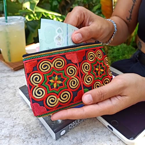 Sabai Jai Boho Coin Purse: Handmade Small Embroidered Change Pouch for Women - Colorful, Ethnic, Eco Friendly & Sustainable - color: Red/Orange
