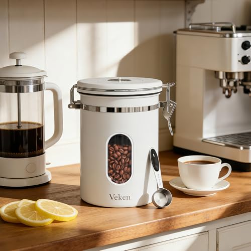 Veken Coffee Canister with Window, Airtight Stainless Steel Container, 22OZ - color: Jet White, size: 22 oz