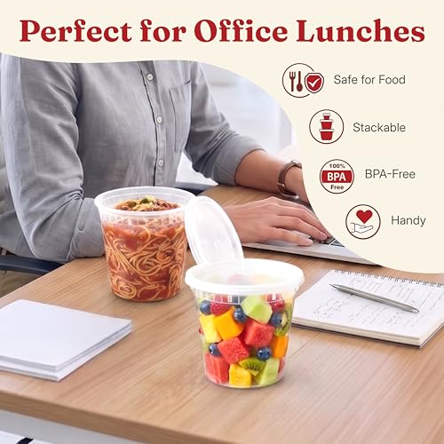 16oz Deli Containers with Lids (48 Sets) Plastic Pint Containers With Lids, BPA Free Microwave Safe Leakproof Stackable Freezer Containers With Lids for Overnight Oat, Food Storage - size: 16 oz - 48 Sets
