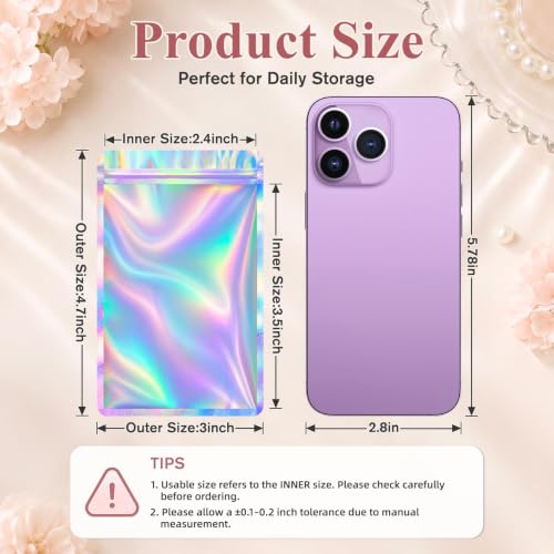 Funfery 100 Pcs Resealable Clear Holographic Bags,Smell Proof,3x4.7in - color: Holographic, size: 3x4.7 inch