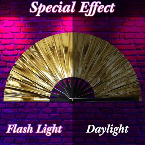 Vercraft 13" Folding Hand Fan Glitter Clack Rave Dancing,Gold,Laser - color: Gold, style: Laser