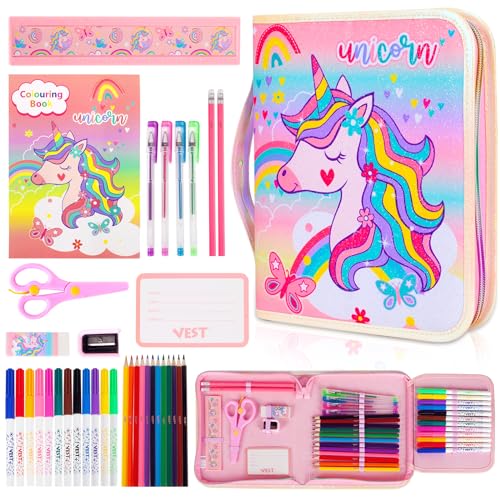 Washable Markers Set with Glitter Pencil Case, Art Supplies for Kids Ages 4-6-8, Arts Crafts Travel Coloring Kit for Girls 4 5 6 7 8 Year Old Birthday Gifts - color: Unicorn
