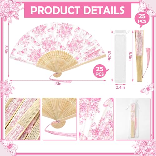 JarThenaAMCS 25 Sets Pink Floral Hand Folding Fans with Bags Wedding Party Favors Chinoiserie Flower Butterfly Foldable Paper Fans with Tassel for Bridesmaid Bridal Shower Decor