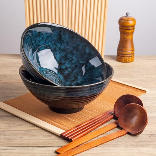 40oz Japanese Ceramic Ramen Bowl Set of 2 with Chopsticks and Spoons for Pho Udon Asian Soup Noodles (Nebula Blue) - color: Nebula Blue