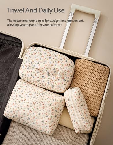 HBselect Quilted Makeup Bag, 3Pcs Cotton Large Travel Makeup Bags Organizer - color: A-3PCS-Floral 12