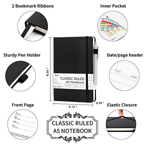 12 Pack Notebooks Journals Bulk with 12 Black Pens, Feela A5 Hardcover Notebook Classic Ruled Journal Set with Pen Holder for School Business Work Travel Writing, 120 GSM, 5.1”x8.3”, Black - color: 12 Pack black