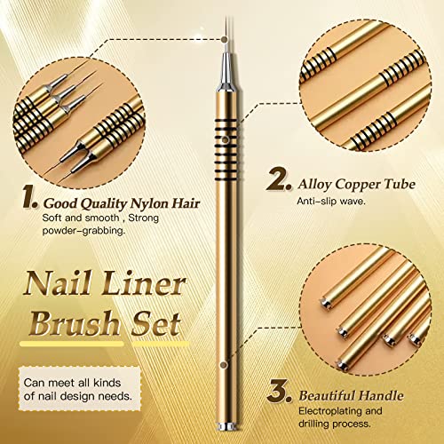 Nail Art Liner Brushes Set, 6Pcs Nail Art Design Brush Striping Thin Long Lines Dotting Drawing Pen, UV Gel Polish Painting Metal Handle Striper Brushes Size 5/7/9/11/20/25mm - color: Gold