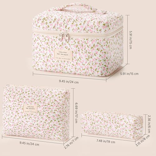HBselect Quilted Makeup Bag, 3Pcs Cotton Large Travel Makeup Bags Organizer - color: A-3PCS-Floral 17