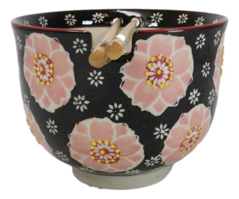 Ebros Gift Artistic Donburi Ramen Udon Noodles Soup Salad 5" D 18Oz Bowl With Bamboo Chopsticks And Built In Rest Set Asian Dining Kitchen Accent (Pink Sakura Cherry Blossom) - color: Pink Sakura Cherry Blossom
