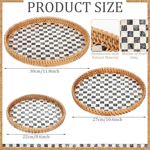 3 Pack Round Rattan Tray with Mother of Pearl Inlay Rattan Serving Tray for Coffee Bread Fruits Decorative Wicker Serving Platter for Table Home Kitchen Decor Black Checkerboard Style, 3 Size - color: Black Checkerboard, size: 3 Size